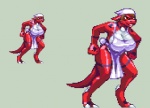 anthro anthrofied apron apron_only big_breasts bouncing_breasts breasts brown_hair cleavage clothed clothing digimorph female hair kerchief mature_anthro mature_female mostly_nude non-mammal_breasts red_body red_scales scales skimpy solo tail white_body white_scales wide_hips casetermk bandai_namco digimon mie_matsuki miemon digimon_(species) guilmon scalie 2d_animation animated digital_media_(artwork) low_res pixel_(artwork) pixel_animation short_playtime