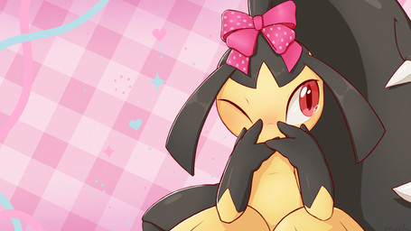 ambiguous_gender black_hands black_pseudo_hair blush blush_lines bodily_fluids bow_headwear covering covering_mouth gloves_(marking) hair_mouth markings one_eye_closed pink_background pink_bow pseudo_hair red_eyes sharp_teeth simple_background solo tan_body tears teeth mawaifu don't_attack_me_mawile nintendo pokemon generation_3_pokemon humanoid mawile pokemon_(species) 16:9 2026 hi_res widescreen