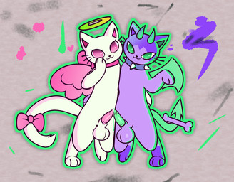 :3 :3c animal_genitalia animal_penis anthro back_wings balls bodily_fluids bow_ribbon collar cum feline_genitalia feline_penis frottage fur genital_fluids genitals heart_symbol horn hug inviting_to_sex looking_at_viewer male penile penile_spines penis penises_touching purple_body purple_fur sex spiked_collar spikes whiskers white_body white_fur wings notsafecat discord_(app) rawr_xd_(discord) domestic_cat felid feline felis mammal hi_res