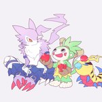 anthro apple belt claws clothing facial_markings food fruit fur gloves green_body green_fur grey_body grey_fur group handwear head_markings mandibles markings plant topknot trio yellow_eyes pg_enaena bandai_namco digimon arthropod digimon_(species) kunemon monmon strabimon 1:1