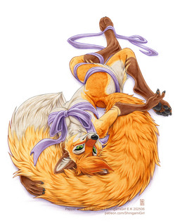 4_toes 5_fingers anthro big_tail breast_bow breasts chest_tuft claws dipstick_tail fabric feet female finger_claws fingers fluffy fluffy_tail fur gift_wrapped gloves_(marking) green_eyes hair high-angle_view inner_ear_fluff leg_markings looking_at_viewer looking_back looking_back_at_viewer lying markings mostly_nude on_back orange_body orange_fur pawpads paws pose simple_background socks_(marking) solo tail tail_markings text toe_claws toes tuft white_background shinigamigirl pepper_(shinigamigirl) canid canine fox mammal red_fox true_fox 2025 pinup traditional_media_(artwork) url