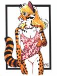 anthro blonde_hair bottomless breasts clothed clothing female genitals hair nude pose pussy solo stripes undressing terrie_smith felid mammal pantherine tiger 2004 absurd_res hi_res pinup signature traditional_media_(artwork)