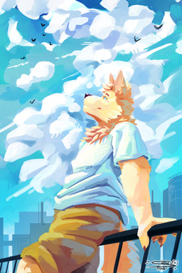 anthro arm_support bottomwear clothed clothed_anthro clothed_male clothing cloud fingers fur male male_anthro outside shirt shorts sky topwear snowhund ambient_bird canid canine fennec_fox fox mammal true_fox 2026 hi_res portrait signature three-quarter_portrait