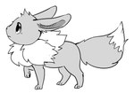 2021 ambiguous_gender black_nose digital_media_(artwork) eevee feral flavia-elric fluffy fluffy_tail fur generation_1_pokemon looking_forward lux_(yapc) monochrome mouth_closed neck_tuft nintendo paws pokemon pokemon_(species) pupils quadruped side_view simple_background solo standing tail tuft white_background