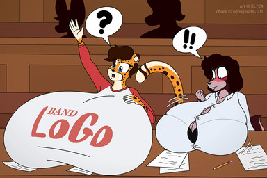 ambiguous_gender anthro big_breasts blue_eyes blush bra breast_expansion breasts brown_hair clothed clothing collared_shirt college college_student copyright_symbol dress_shirt exclamation_point expansion female fur group hair huge_breasts hyper hyper_breasts markings multicolored_body multicolored_fur paper pencil_(object) question_mark school shirt speech_bubble spots spotted_body spotted_fur symbol text text_on_clothing text_on_shirt text_on_topwear topwear two_tone_body two_tone_fur underwear satsumalord rose_(snowpirate-101) ambiguous_species bird_dog canid canine canis cheetah cocker_spaniel domestic_dog felid feline hunting_dog mammal spaniel 2024 3:2 digital_media_(artwork) english_text