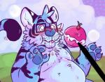 2016 4_fingers anthro belly big_belly black_body black_fur blue_body blue_fur blue_nose blue_pawpads blush cherry claws digital_drawing_(artwork) digital_media_(artwork) dipstick_tail eating eyewear feeding felid fingers fluffy food fruit fur glasses green_eyes male mammal markings multicolored_body multicolored_fur multicolored_tail nintendo nude overweight overweight_anthro overweight_male pantherine pawpads paws plant poke_puff pokemon pokemon_amie raccoonkind simple_background solo stylus tail tail_markings taylor_james tiger weight_gain