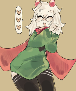 2_horns anthro black_clothing black_legwear black_thigh_highs clothing eyes_closed eyewear floppy_ears fluffy_ears glasses green_clothing hands_together heart_symbol horn legwear long_ears male open_mouth paws pink_horn pink_scarf scarf simple_background solo sweater thigh_highs topwear wearing_glasses uovo deltarune undertale_(series) ralsei bovid caprine darkner goat mammal hi_res