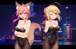 big_breasts blonde_hair blush breasts brown_body brown_fur cleavage clothed clothing duo female fur green_eyes hair long_hair looking_at_viewer pink_hair simple_background yellow_eyes yoshinobori fate_(series) type-moon caster_tamamo-no-mae nero_claudius_(fate) animal_humanoid canid canid_humanoid canine canine_humanoid fox_humanoid human humanoid mammal mammal_humanoid hi_res