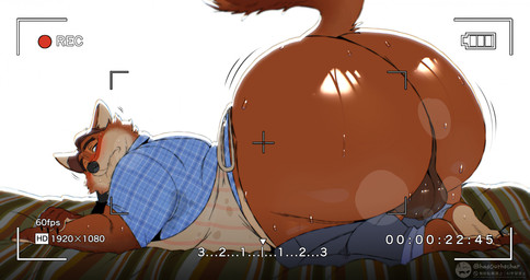 all_fours anthro apron backsack balls big_butt blush bodily_fluids bottomwear bottomwear_down butt clothed clothing genitals glistening glistening_butt male musk pants pants_down partially_clothed shirt slightly_chubby solo sweat sweaty_butt topwear had0u disney zootopia gideon_grey canid canine fox mammal red_fox true_fox 2026 hi_res