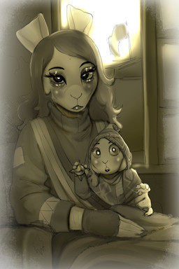 4_fingers age_difference anthro armchair big_eyes big_iris biped blush blushing_profusely chair claws clothed clothed_anthro clothed_female clothing dark_hair duo eyebrows eyelashes eyeshadow female finger_claws fingers furniture glistening glistening_eyelids glistening_eyes glistening_face hair hat headgear headwear holding_object humanoid_hands inside internal_wall iris larger_female light lipstick long_eyelashes long_hair looking_at_viewer makeup mature_anthro mature_female mouth_closed notched_ear older_female on_chair pupils sitting sitting_on_armchair sitting_on_chair size_difference snout sweater three-quarter_view topwear turtleneck wall_(structure) wide_eyed young papayathebun creda_(papayathebun) lagomorph leporid mammal rabbit 2025 absurd_res digital_drawing_(artwork) digital_media_(artwork) hi_res monochrome sepia mother_(lore) mother_and_child_(lore) parent_(lore) parent_and_child_(lore)