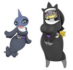 banette belt big_breasts blue_body blue_eyes breasts clothed clothing duo eyelashes female generation_3_pokemon grey_body hi_res huge_breasts humanoid nintendo not_furry nun nun_outfit pokeball pokemon pokemon_(species) pupils red_eyes shirt shuppet simple_background tail tongue tongue_out topwear tunic urusee584 white_background yellow_pupils zipper zipper_mouth