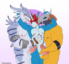 5_fingers abs anthro anthro_on_anthro areola arm_around_another arm_around_partner arm_belt athletic athletic_anthro athletic_male ball_fondling balls barazoku biceps big_muscles biped black_nose blue_body blue_scales claws countershade_fur countershade_hands countershade_scales countershading deltoids dipstick_ears ear_markings erection fangs finger_claws fingers fondling front_view fur genitals glans gradient_background green_eyes grey_body grey_fur group hair hand_around_waist hand_behind_head hand_belt hand_on_another's_balls hand_on_another's_chest hand_on_another's_penis hand_on_penis humanoid_genitalia humanoid_hands humanoid_penis interspecies licking licking_lips long_ears looking_at_another looking_at_viewer male male/male male_anthro manly mask mask_only multicolored_body multicolored_ears multicolored_fur multicolored_scales muscle_size_difference muscular muscular_anthro muscular_arms muscular_male narrowed_eyes nipples non-mammal_balls non-mammal_nipples nude nude_anthro nude_male open_mouth open_smile orange_hair overbite patreon_logo patreon_username pecs penis penis_size_difference pink_areola pink_glans pink_nipples pink_penis pink_tongue purple_claws purple_finger_claws red_eyes scales shaft_divide sharp_teeth simple_background smile smiling_at_another smiling_at_viewer standing striped_body striped_fur stripes teeth text three-quarter_view tongue tongue_out triceps trio two_tone_body two_tone_scales underbite vein veiny_penis white_body white_claws white_countershading white_finger_claws white_scales wrist_belt yellow_body yellow_eyes yellow_scales spelunker_sal bandai_namco digimon patreon digimon_(species) flamedramon scalie wargreymon weregarurumon artist_name colored digital_drawing_(artwork) digital_media_(artwork) flat_colors hi_res portrait three-quarter_portrait