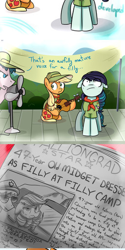 acoustic_guitar clothing criminal electric_fan female feral grass group guitar hair hat headgear headwear multicolored_hair musical_instrument newspaper plant plucked_string_instrument scarf singing smile stage string_instrument text uniform amarcato friendship_is_magic hasbro my_little_pony applejack_(mlp) coloratura_(mlp) pinkie_pie_(mlp) earth_pony equid equine horse mammal pony 2015 absurd_res comic english_text hi_res long_image tall_image