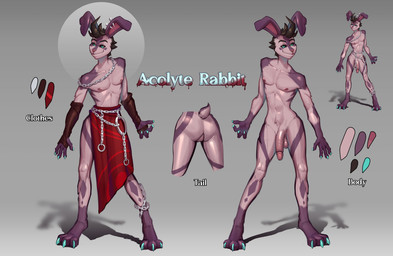 anthro armwear belt biped black_hair black_sclera blue_eyes breasts butt chain claws clothed clothed_anthro clothed_male clothing femboy front_view fur genitals hair looking_at_viewer male male_anthro multicolored_body nipples nude nude_anthro nude_male off/on penis piercing pose purple_body purple_fur scar simple_background skinny small_tail smile solo standing tail teeth text white_body scarlet_side lagomorph leporid mammal rabbit digital_drawing_(artwork) digital_media_(artwork) english_text full-length_portrait hi_res model_sheet portrait