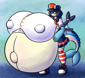 anthro big_breasts blue_body blue_eyes blue_hair blush bottomwear breasts clothing collared_shirt dress_shirt female fish_tail footwear hair hat headgear headwear huge_breasts hyper hyper_breasts hyper_pregnancy legwear looking_at_viewer navel necktie nipple_outline outie_navel pattern_clothing pattern_legwear pattern_stockings peaked_cap ponytail pregnant sailor_uniform shirt shoes skirt sneakers solo stockings striped_body striped_clothing striped_legwear striped_stockings stripes topwear uniform sprucy mackenzie_(sprucy) aquatic fish mackerel scombrid scombriform