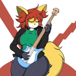 anthro band_shirt bass_guitar clothing eyes_closed female fretless_bass guitar hoodie musical_instrument plucked_string_instrument shirt solo string_instrument topwear felestell hum_(band) nintendo pokemon oscar_(meowixen) delphox generation_6_pokemon pokemon_(species) 1:1 absurd_res hi_res