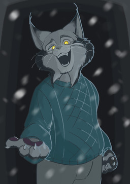 anthro bottomwear clothing front_view green_clothing green_sweater green_topwear grey_bottomwear grey_clothing grey_pants male open_mouth pants reaching smile smirk snow solo standing sweater topwear yellow_eyes wasi_oekakilion disney zootopia pawbert_lynxley canada_lynx felid feline lynx mammal absurd_res hi_res
