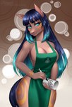 anthro barista bedroom_eyes blue_eyes breasts brown_body brown_fur container cup eyelashes female fur gradient_hair hair looking_at_viewer narrowed_eyes seductive side_boob solo naryumi_(artist) starbucks equid equine horse mammal 2021 artist_name colored hi_res meme