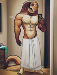 abs anthro bedroom biceps big_muscles brown_body brown_eyes brown_skin cellphone electronics facial_hair goatee holding_object holding_phone laundry male markings mirror muscular muscular_anthro muscular_male navel nipples non-mammal_nipples pecs phone presenting selfie sideburns smile snake_hood solo standing towel towel_only bgn memphis cobra legged_snake reptile scalie snake