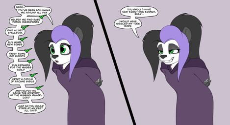 4_fingers anthro black_hair black_nose check_mark clothed clothing countershading dialogue eyebrows feet female fingers flirting foot_fetish fur green_eyes hair half-closed_eyes humanoid_hands looking_offscreen multicolored_body multicolored_hair narrowed_eyes open_mouth purple_clothing purple_hair smile solo speech_bubble text two_panel_image two_tone_hair nudeknightart blizzard_entertainment warcraft sarnari bear giant_panda mammal pandaren comic english_text hi_res