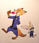 3_toes anthro barefoot claws clothed clothing duo feet fur green_eyes male plantigrade police standing toes mortic_ox disney zootopia finnick_(zootopia) nick_wilde canid canine fennec_fox fox mammal red_fox true_fox 2016