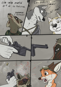 anthro brown_eyes dialogue ears_back ears_up eyewear eyewear_on_head goggles goggles_on_head group low-angle_view male pivoted_ears scared shot_in_head text wounded wolfyalex96 alaskan_malamute canid canine canis domestic_dog fox mammal nordic_sled_dog procyonid raccoon spitz wolf comic hi_res spanish_text translated