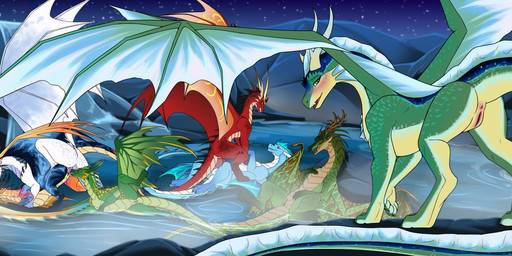 animal_genitalia anus big_wings bisexual blush cowgirl_position cunnilingus female female/female female_penetrated feral feral_on_feral feral_penetrated feral_penetrating feral_penetrating_feral fin from_front_position genital_slit genitals green_body green_scales group group_sex head_fin horn hot_spring licking long_tail male male/female male_penetrating male_penetrating_female membrane_(anatomy) membranous_wings nature night on_bottom on_top oral orgy partially_submerged penetration penile penis penis_lick scales sex sky tail tongue vaginal vulva water wings dreyk-daro european_mythology mythology dragon mythological_creature mythological_scalie scalie western_dragon absurd_res hi_res