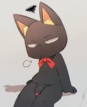 anthro black_body black_fur bow_tie frustrated fur genitals male nude penis sign simple_background sitting solo bj_(artist) doko_demo_issho sony_corporation sony_interactive_entertainment kuro_(doko_demo_issho) domestic_cat felid feline felis mammal 2024 hi_res signature