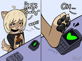 anthro clothing feet female flat_chested foot_focus heart_symbol humor offscreen_character panties pawpads paws solo text underwear wallet dogfailureowo hana_(dogfailureowo) canid canine canis domestic_dog mammal english_text hi_res