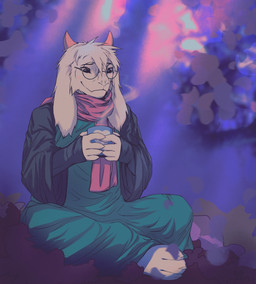 anthro bodily_fluids claws clothing eyewear glasses horn long_ears looking_aside male scarf sitting smile solo relay314 deltarune undertale_(series) ralsei mammal hi_res