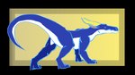 all_fours ambiguous_gender blue_body curious facing_aside feral gradient_background horn looking_aside male raised_tail simple_background simple_coloring simple_eyes simple_face snout solo tail two_tone_tail yellow_horn mythology dragon mythological_creature mythological_scalie reptile scalie 16:9 hi_res widescreen