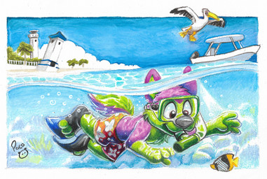 ambiguous_feral ambiguous_gender anthro blue_sky brown_eyes bubble building cheek_tuft chest_tuft clothed clothing cloud facial_tuft feral fur gloves_(marking) green_body green_fur green_tail group logo male male_anthro markings mouth_closed outside purple_body purple_fur purple_tail red_clothing red_swimming_trunks red_swimwear sky snorkel swimming swimming_trunks swimwear tail topless trio tuft waterline_view young young_anthro young_male pandapaco avian canid canine fish mammal marine artist_logo hi_res signature