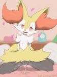 2017 3:4 3_toes after_sex anthro bed biped blush bodily_fluids braixen breath canid claws crocodiler_owen cum cum_drip cum_in_pussy cum_inside digital_media_(artwork) dripping fangs feet female fluffy fluffy_tail fur furniture generation_6_pokemon genital_fluids genitals hair happy heart_symbol hi_res ibu2 inner_ear_fluff kneeling looking_at_viewer looking_pleasured mammal nintendo on_bed open_mouth panting penetration pillow pokemon pokemon_(species) pussy red_body red_eyes red_fur red_nose semi-anthro smile solo tail tears teeth toes tuft vaginal vaginal_fluids vaginal_penetration white_body white_fur yellow_body yellow_fur