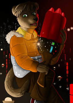 anthro firework_launcher lights male night open_mouth solo tail fidchellvore mammal mustelid otter 2013