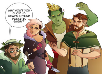 beard belt blonde_hair breasts brown_hair cape cleavage clothed clothing dialogue dress eyewear facial_hair female fully_clothed green_body green_skin group hair hat headgear headwear hoodie horn humanoid_pointy_ears leaf male muscular muscular_humanoid muscular_male mustache not_furry pointy_ears scar simple_background speech_bubble sunglasses text topwear underbite undercut tokwaart drawfee_(copyright) drawtectives emery_justice grendan_highforge gyorik_rogdul rose_(drawtectives) dwarf horned_humanoid human humanoid mammal orc tiefling digital_media_(artwork) english_text hi_res nonbinary_(lore)