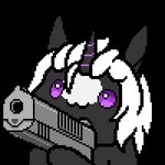 :3 ambiguous_gender gun hair handgun horn purple_eyes ranged_weapon shooting shooting_gun simple_background solo transparent_background weapon white_hair imreer hasbro my_little_pony mythology fan_character s.leech_(oc) equid equine mammal mythological_creature mythological_equine unicorn 1:1 alpha_channel animated digital_media_(artwork) low_res meme pixel_(artwork) pixel_animation short_playtime