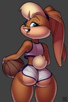 anthro ball basketball_(ball) basketball_uniform blonde_hair blue_eyes bottomwear butt clothed clothing female grey_background hair holding_object looking_at_viewer looking_back open_mouth rear_view simple_background skimpy solo sportswear standing tight_bottomwear tight_clothing uniform wide_hips xylas looney_tunes space_jam warner_brothers lola_bunny lagomorph leporid mammal rabbit 2021 2:3 hi_res