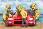 anthro beach big_breasts breasts butt car cloud female group huge_breasts leaning leaning_forward looking_at_viewer looking_back nipples nude seaside sparkles vehicle denlusty nintendo pokemon generation_7_pokemon legendary_pokemon pokemon_(species) zeraora