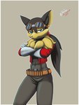 anthro belt border bottomwear clothing crossed_arms fur male pants red_clothing simple_background solo unimpressed white_border eoks bandai_namco klonoa_(series) guntz canid canine canis mammal wolf 2018 3:4 absurd_res hi_res signature