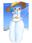 anthro belly big_legs bikini blue_hair blush breasts cleavage clothed clothing female female_anthro glistening glistening_body hair hat headgear headwear heart_eyes heart_symbol navel slightly_chubby slightly_chubby_female solo straw_hat swimwear text thick_thighs two-piece_swimsuit water water_ripple yellow_eyes scorci golden_week chelsi bovid caprine mammal sheep 2025 english_text hi_res