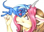 anthro blue_body blue_eyes blue_skin brown_eyes brown_hair claws duo ear_piercing female hair horn male membrane_(anatomy) membranous_wings piercing pink_hair simple_background smile tail white_background wings yellow_body yellow_skin auradeva mythology aura_(character) hida dragon equid equine mammal mythological_creature mythological_equine mythological_scalie scalie unicorn