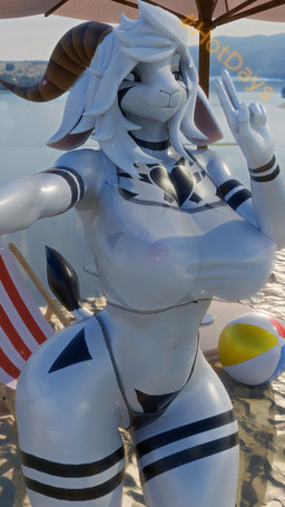 2_horns anthro areola ball beach_ball beach_chair beach_umbrella big_breasts black_sclera blurred_background breasts brown_horn chest_tattoo choker_(marking) cleavage clothed clothing crop_top day female floppy_ears gesture glistening glistening_body grey_clothing grey_thong grey_underwear hair hand_gesture hashtag heart_tattoo horn inflatable long_ears looking_at_viewer medium_hair midriff navel nipple_dip nipple_outline nipples outside parasol particles pink_areola pink_nipples sand sea selfie shirt smile smiling_at_viewer solo summer tail tail_tuft tattoo text thick_thighs thong topwear translucent translucent_clothing translucent_shirt translucent_topwear tuft underwear v_sign water white_body white_eyes white_hair wide_hips mrs_dexie warfaremachine_(modeler) warfare_goat bovid caprine goat mammal 2026 3d_(artwork) 4k 9:16 absurd_res digital_media_(artwork) english_text hi_res