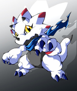 ambiguous_gender anthro chibi claws facial_horn grey_background horn kerchief looking_at_viewer nose_horn simple_background solo standing toe_claws white_body yellow_eyes ukkaritanuki bandai_namco digimon digimon_ghost_game ceratopsian digimon_(species) dinosaur gammamon ornithischian prehistoric_species reptile scalie hi_res