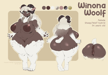 2_horns 4_fingers 4_toes anthro anus areola big_areola big_breasts big_butt breasts brown_anus brown_areola brown_body brown_horn brown_nipples brown_vulva butt curled_horn feet female female_anthro fingerpads fingers front_view fur genitals glistening glistening_breasts glistening_butt hair horn huge_breasts huge_butt inverted_nipples long_hair looking_at_viewer nipples nude nude_female pawpads rear_view short_tail smile solo tail text thick_thighs toes vulva white_body white_fur white_hair wide_hips wool_(fur) yellow_eyes noitro winona_woolf bovid canid canine canis caprine hybrid mammal sheep wolf 2024 absurd_res character_name english_text hi_res model_sheet