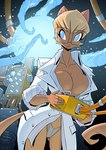 anthro big_breasts blonde_hair blue_eyes breasts cleavage clothed clothing eyewear female front_view glasses glowing glowing_tentacles hair machine panties solo tan_body tentacles underwear conditional_dnp jollyjack domestic_cat felid feline felis mammal 2024