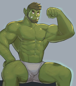 abs arm_hair barazoku beard biceps big_muscles body_hair bulge chest_hair clothed clothing eyebrows facial_hair flexing green_body green_hair green_skin grey_background hair looking_at_viewer male male_humanoid muscular muscular_humanoid muscular_male navel nipple_piercing nipples not_furry obliques pecs piercing simple_background sitting smile solo tusks underwear underwear_only jrjresq humanoid mammal orc 2021