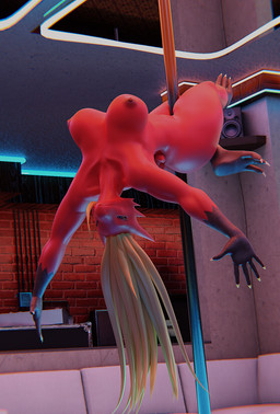 anthro areola big_breasts blue_eyes breasts brick_wall dancing exposed_breasts female furniture hair legs_around_pole nipples pole pole_between_legs pole_dancing red_areola red_body red_nipples red_skin smile smirk sofa solo speaker upside_down wall_(structure) danified_pastry nintendo pokemon blaziken generation_3_pokemon pokemon_(species) 3d_(artwork) blender_(artwork) digital_media_(artwork) hi_res
