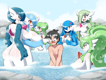big_breasts blush breasts convenient_censorship covering covering_breasts covering_self embarrassed embarrassing_nudity eyewear female glasses group hair hot_spring interspecies long_hair male not_furry nude pokephilia rear_view red_eyes steam text water lucyfercomic nintendo pokemon dr._voir lucy_(jcdr) marissa_(zedrin) nano_(nanosheep) saraiah_(heraldinthedark) gardevoir generation_3_pokemon human humanoid mammal pokemon_(species) shiny_pokemon character_request hi_res translated