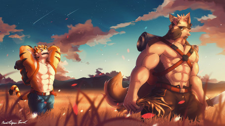 abs anthro backpack belt biceps big_muscles black_body black_fur black_nose blue_eyes bottomwear brown_body brown_eyes brown_fur bulge chest_tuft clothed clothing duo fangs fur hands_behind_head kemono male muscular muscular_male open_mouth orange_body orange_fur pants pecs pink_nose smile standing stripes tan_body tan_fur teeth tongue topless tuft white_body white_fur badtiger canyne_khai_(character) canid canine canis domestic_dog felid german_shepherd herding_dog mammal pantherine pastoral_dog tiger 16:9 hi_res widescreen