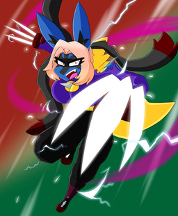action_pose angry anthro big_breasts breasts claws clothing effects fangs female metal_claw_(move) pose solo sparks teeth topwear torn_clothing torn_topwear aurabutt nintendo pokemon lumoura_(aurabutt) generation_6_pokemon mega_evolution mega_lucario pokemon_(species) hi_res